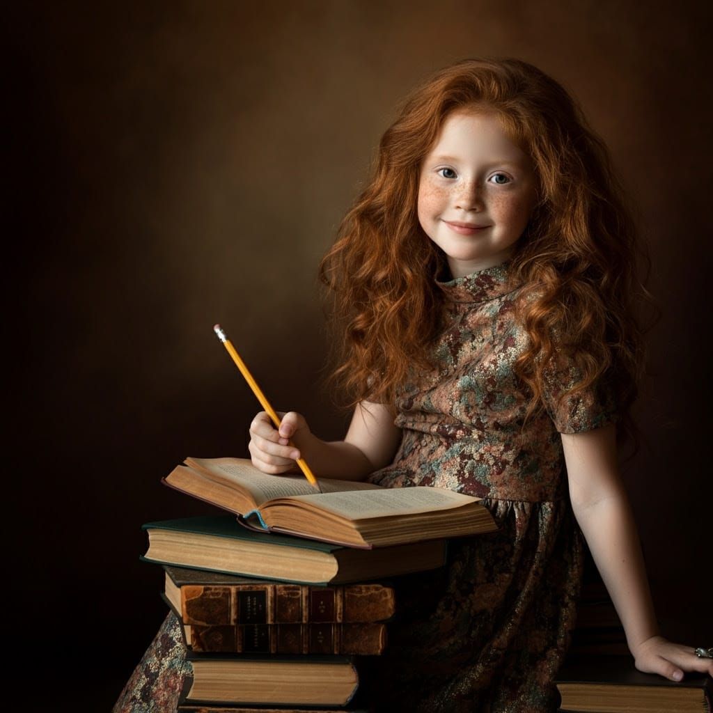 Ginger Girl Surrounded by Vintage Tomes in a Warm, Golden Li...