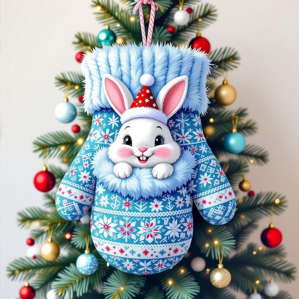 Cute Bunny in Mitten Christmas Art in Gouache Style