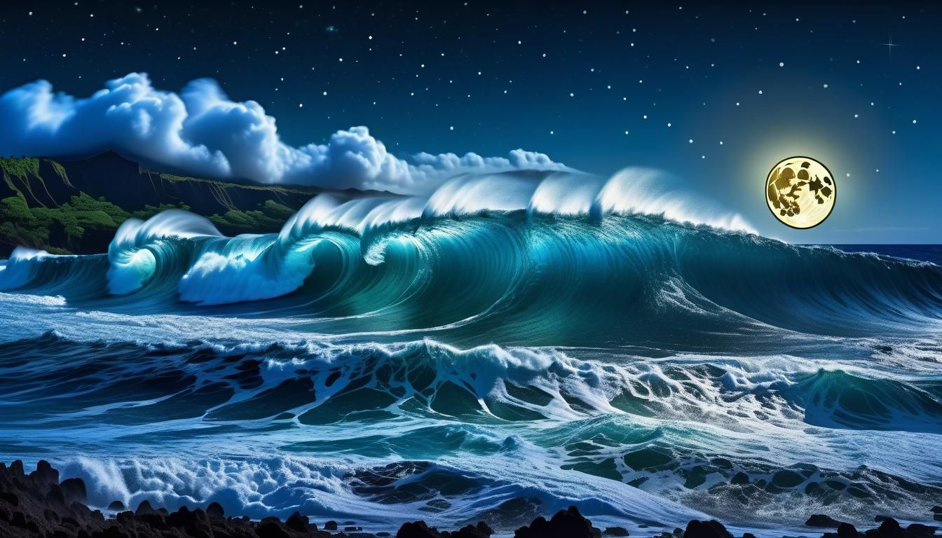 Giant waves off the coast of Hawaii at night