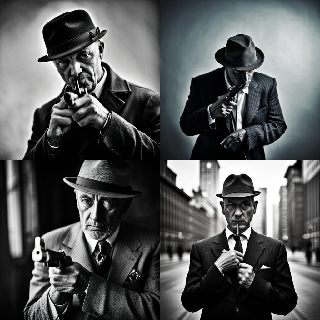 Create a typical 1920s Chicago gangster holding a gun.  It must show his whole body from the front