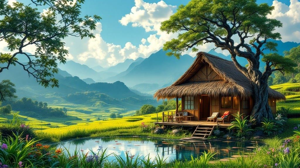 A small shack house in the middle of a terraced rice field 