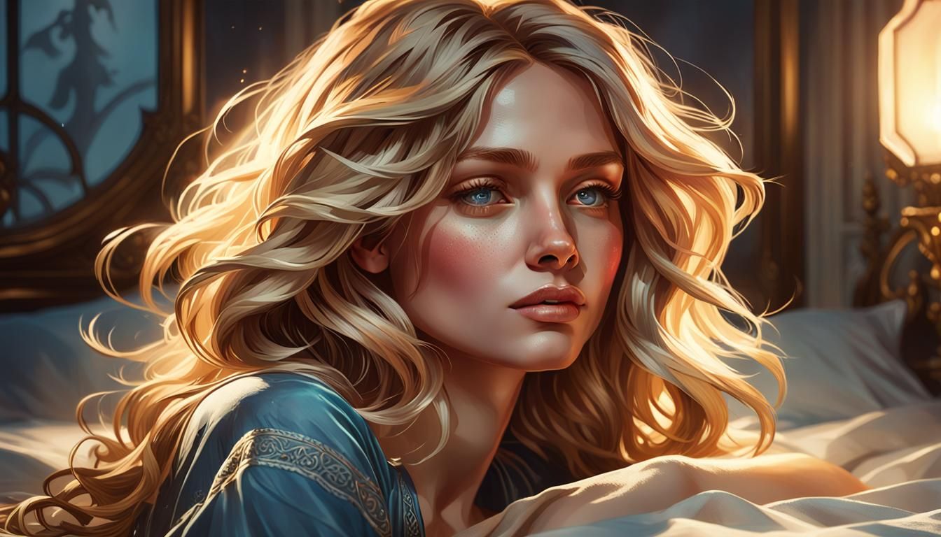 Klara, top model, wavy blond hair, bed, beautiful lighting, ...
