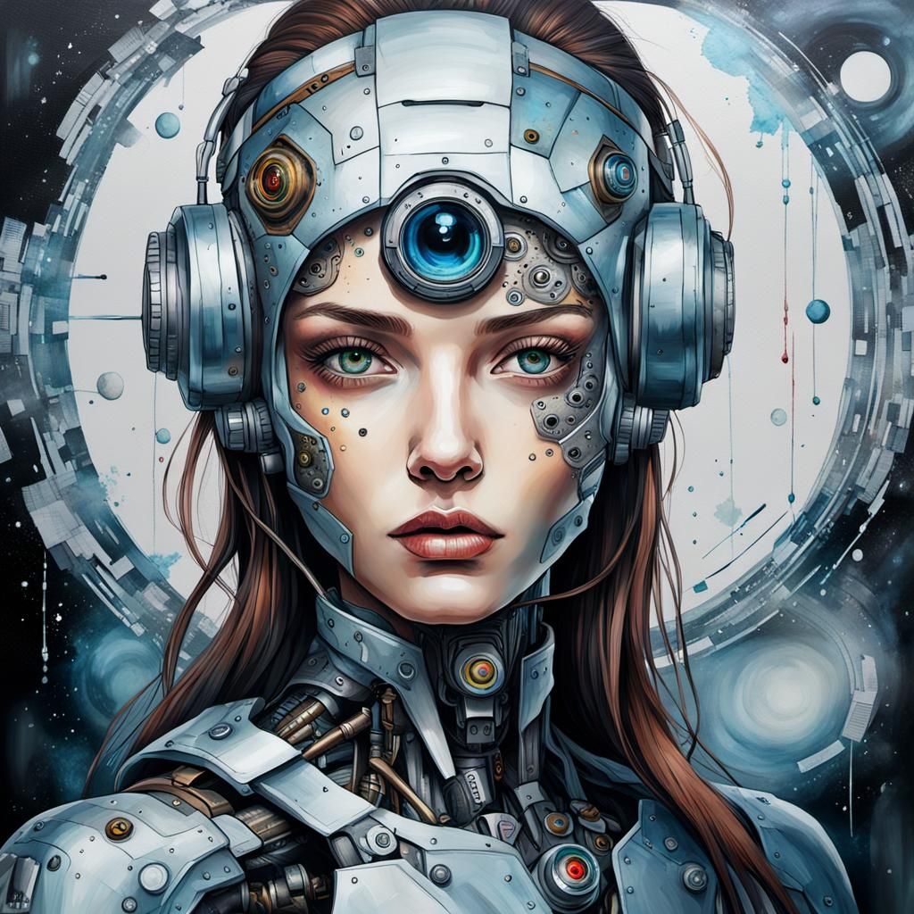 a beautiful cyborg woman,
very detailed beautiful face, one eye is a camera lens .
illustrations in the style of Wlop . on oil canvas and al...