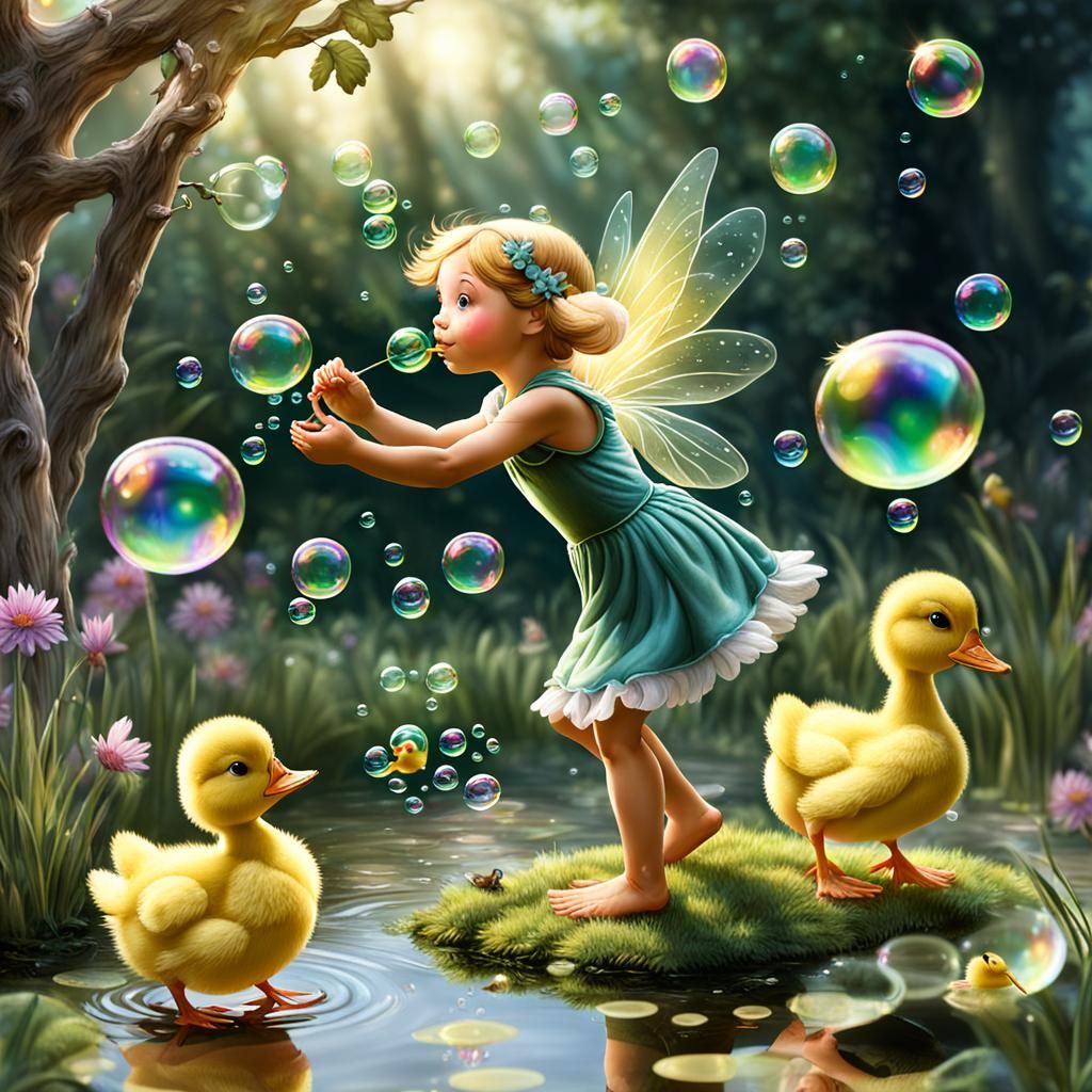 A fairy blowing bubbles with ducklings chasing the bubbles.