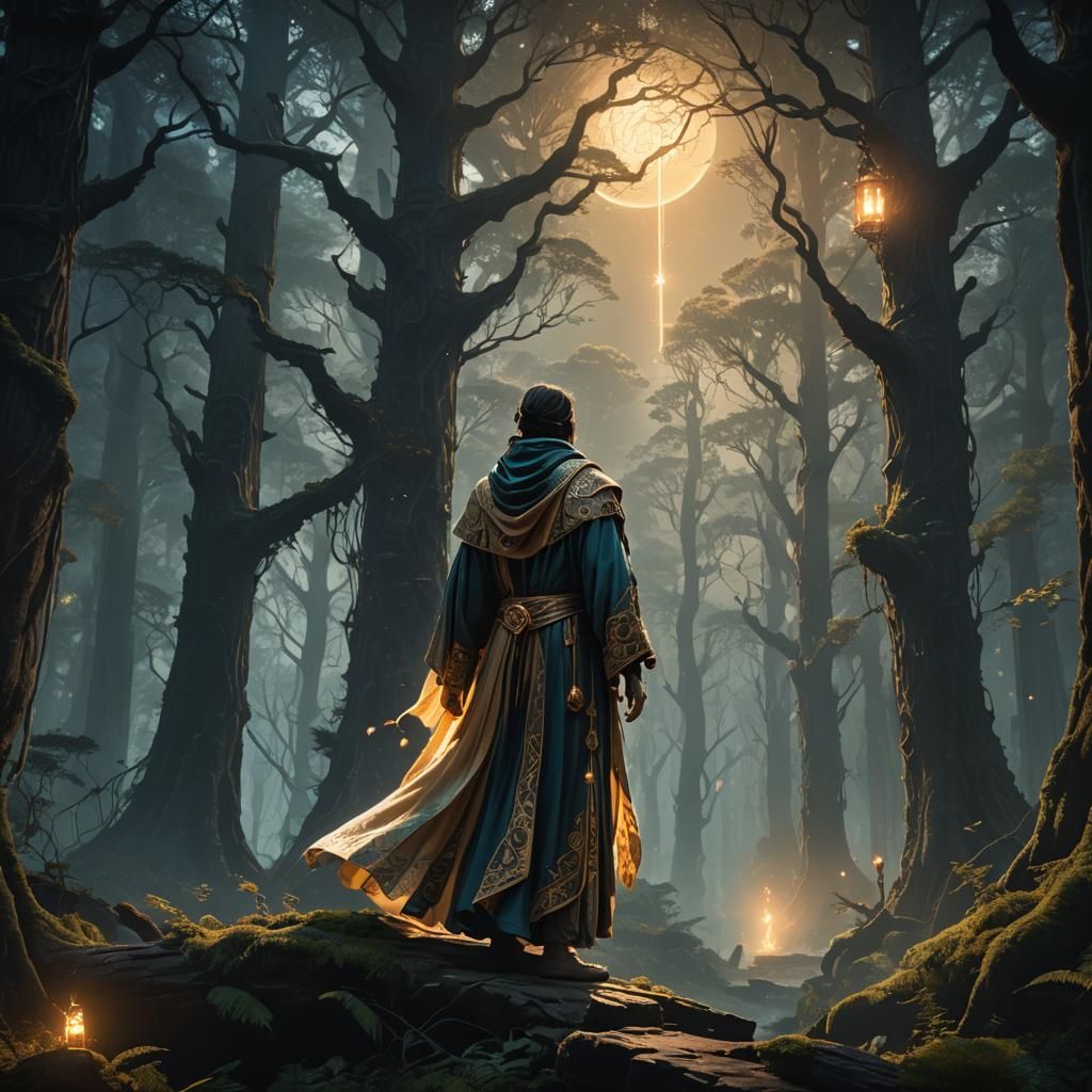 Ethereal Figure Walks Line Above Mystical Forest