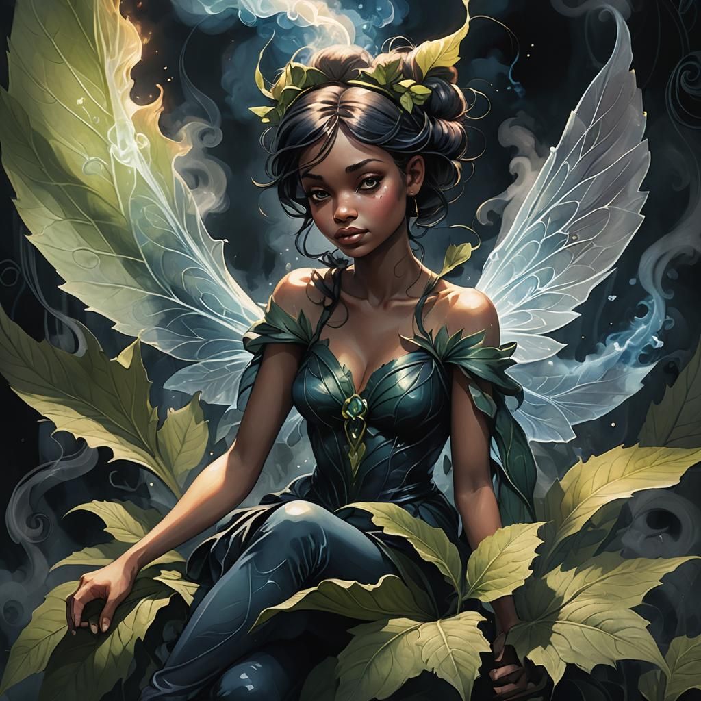 Tinkerbell with Ganja Leaf in Dark Fauvism Style