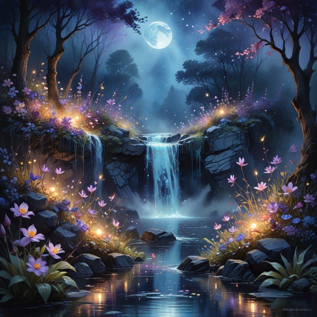 Ethereal Watercolour Dreamscape: Moonlit Waterfall in Bloom