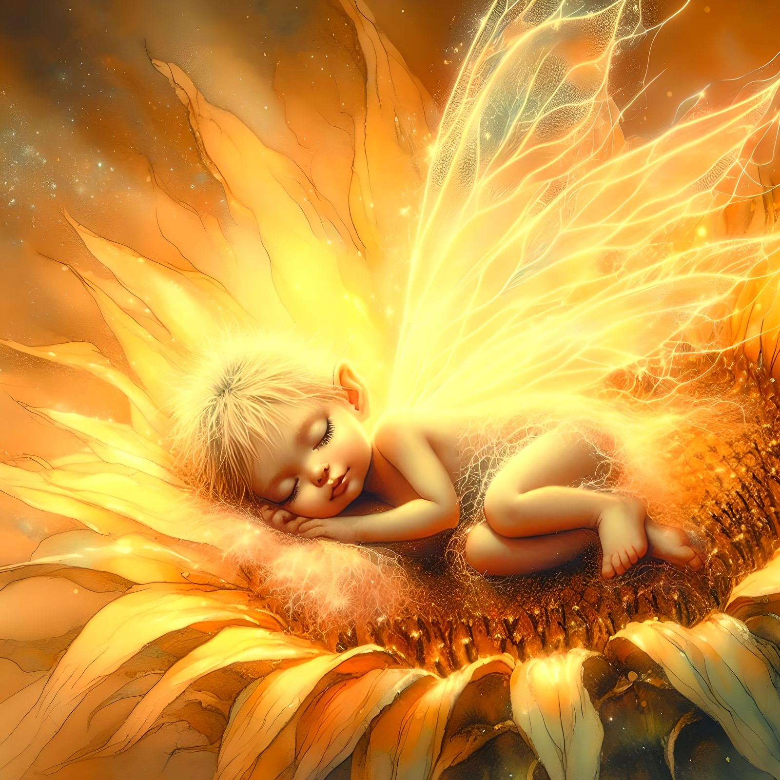 Tiny light fairy asleep on a sunflower
