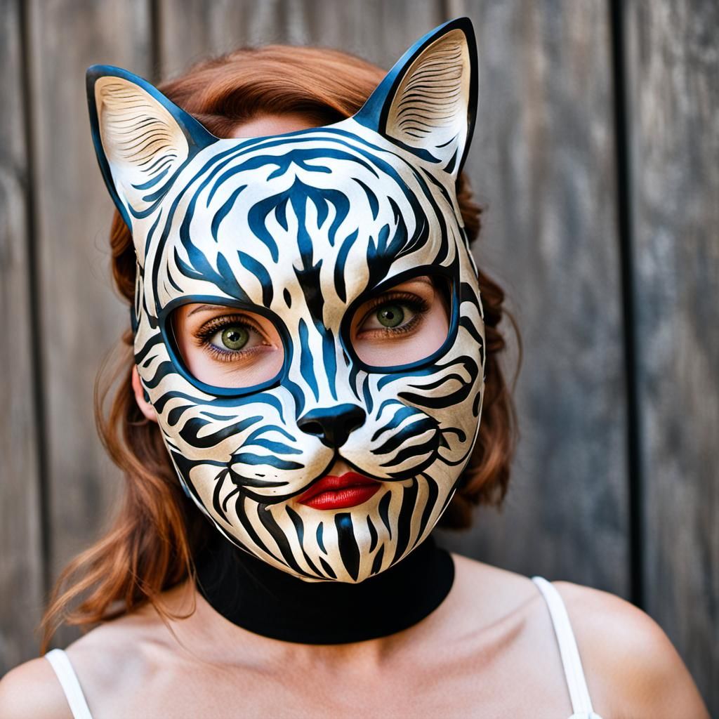 Voluptuous woman wearing tabby cat mask.