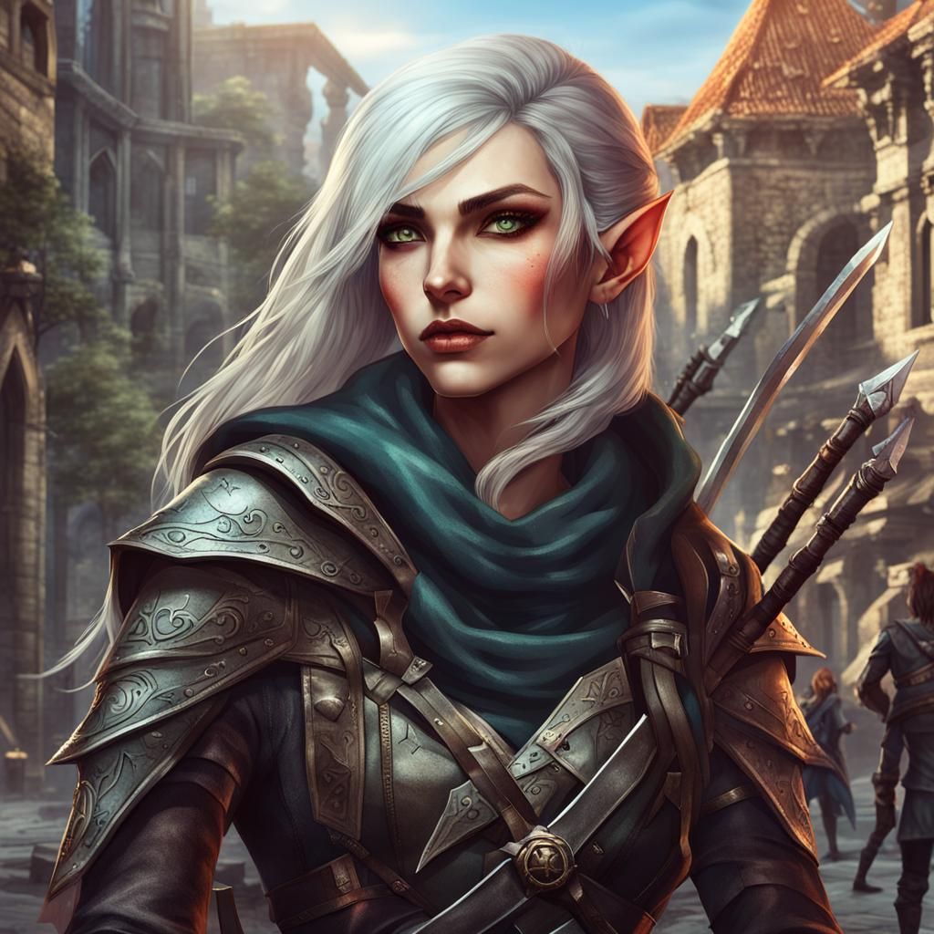Beautiful Female elf assassin in a city