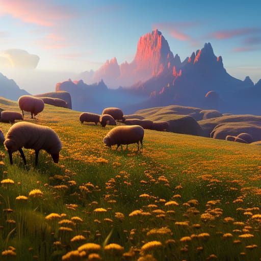 Sheep in Beautiful flower meadow