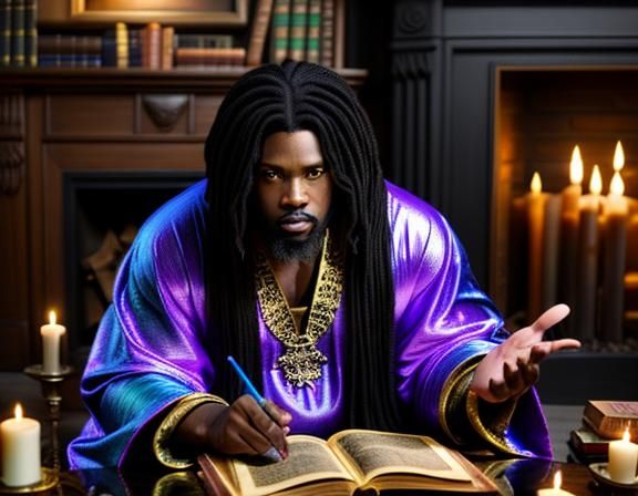 medium shot, an african american man wizard, wearing iridesc...