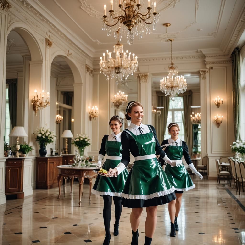 European Maids Prepare a Luxurious Dining Room