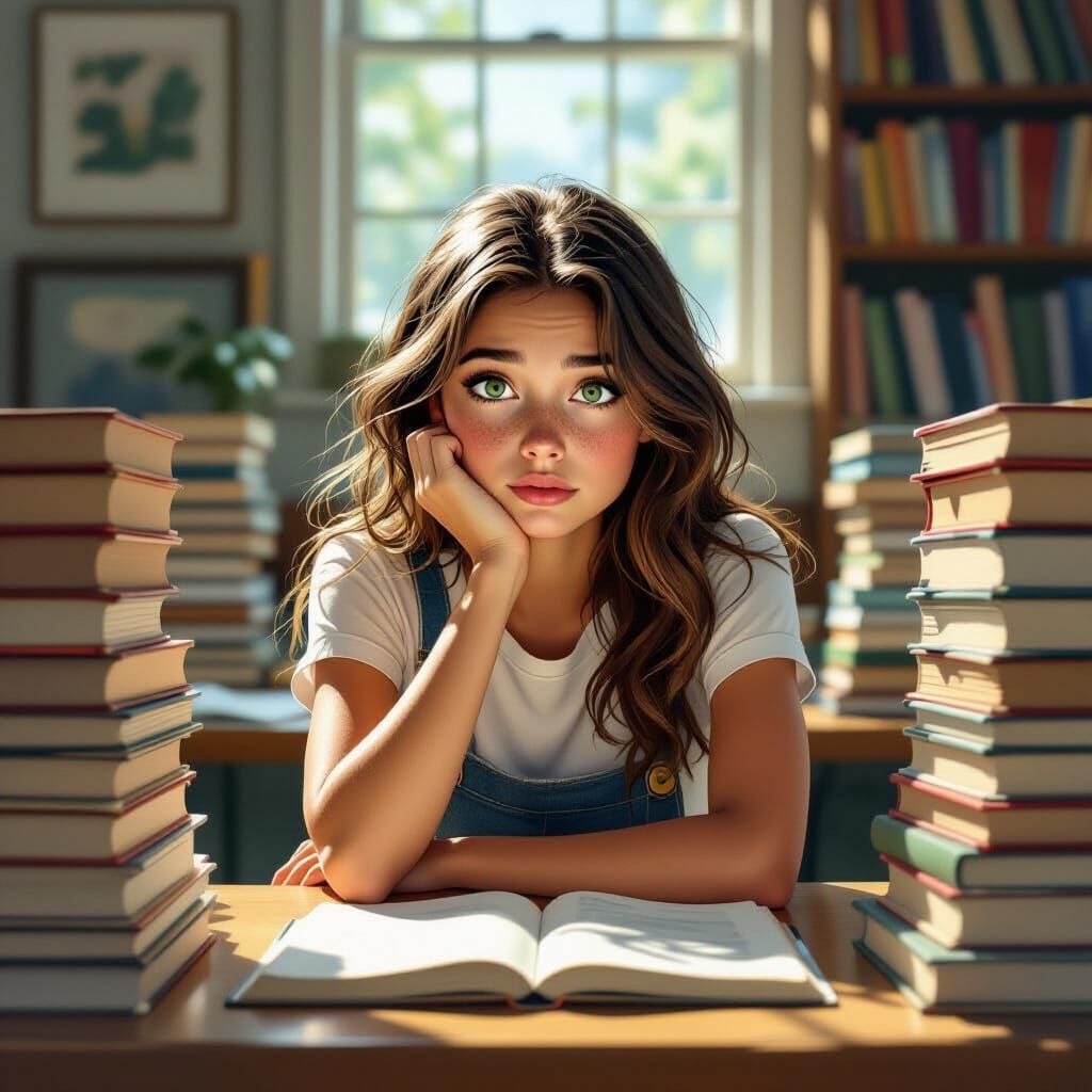 Confused Girl Overwhelmed by Books in Classroom