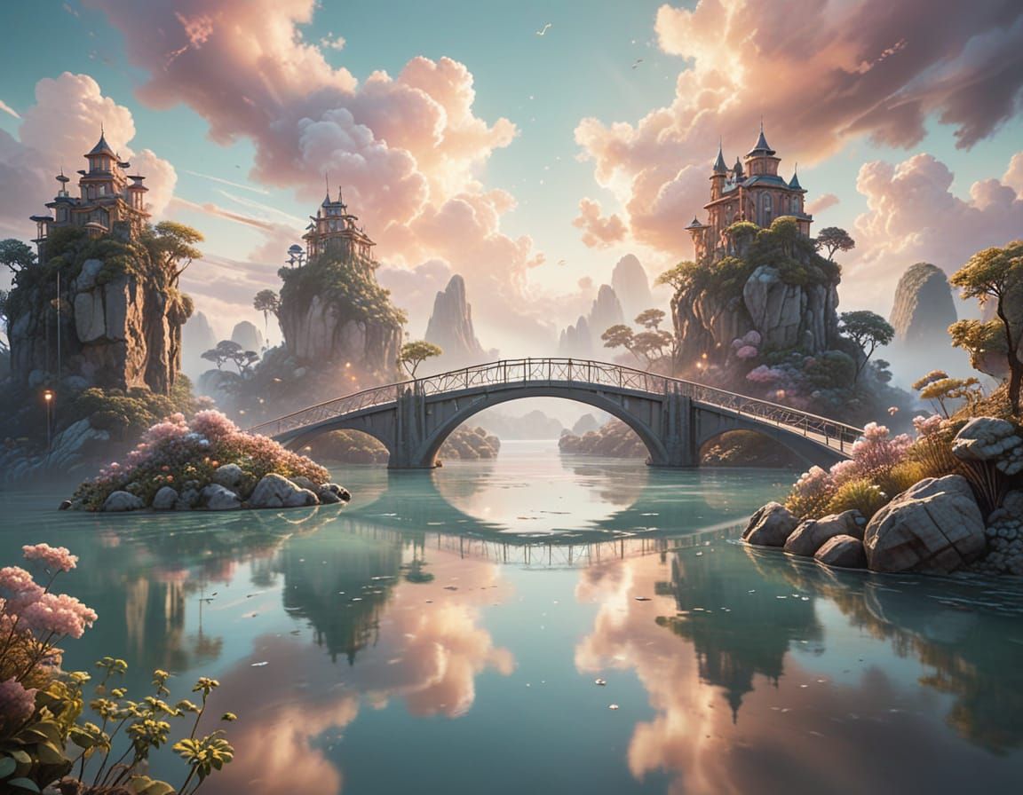 An airbrushed landscape of whimsical, floating islands connected by glowing, ethereal bridges. Soft, ...  by @Ankh