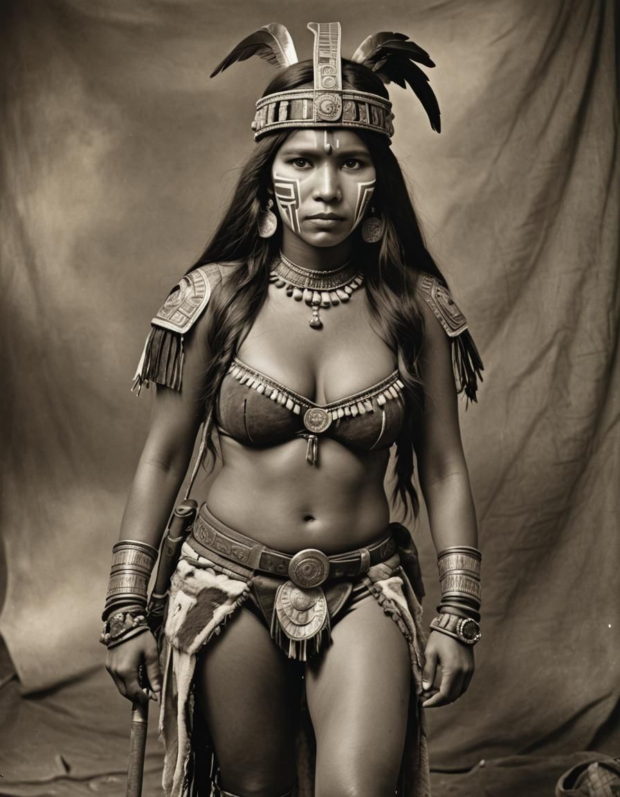 Mujer Inca desnuda en cuero artístico, pose guerrera, fondo ...