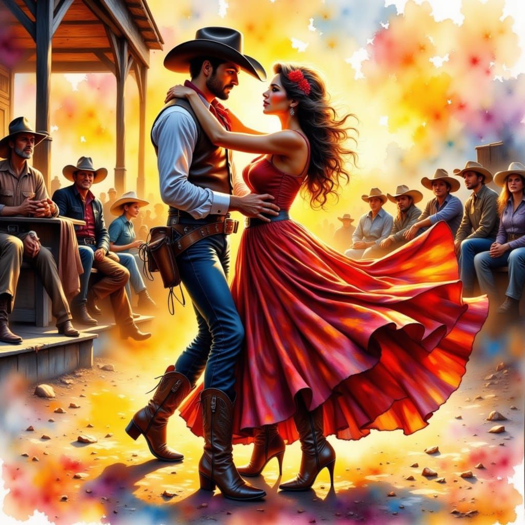 Ink splatter, alcohol acid paint style, VOLUPTUOUS (FEMALE COWGIRL DANCING WITH HANDSOME COWBOY:1.8) AT 1890s FRONTIER SQUARE DANCE, in alco...