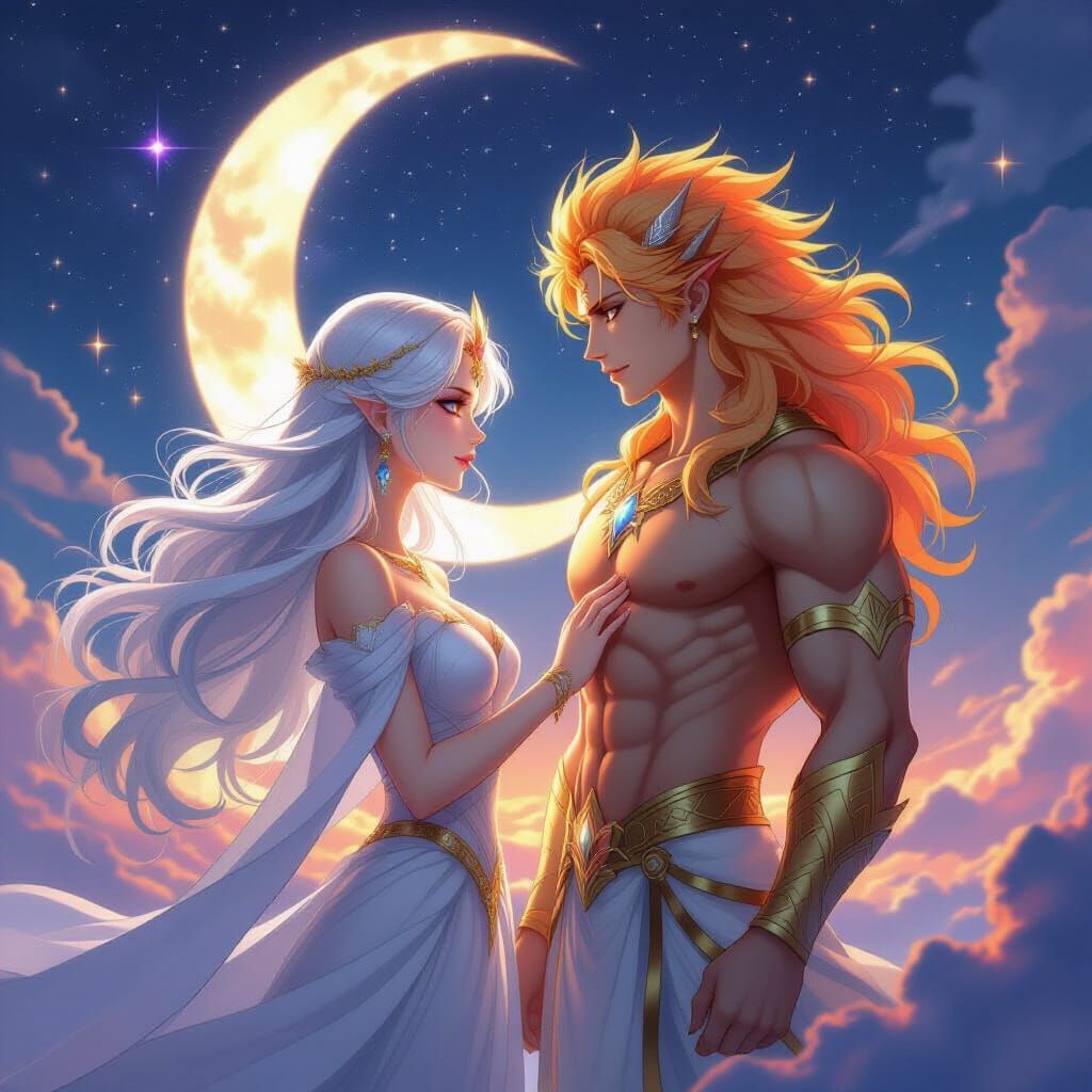 Moon Goddess and Sun God in Cosmic Anime Style