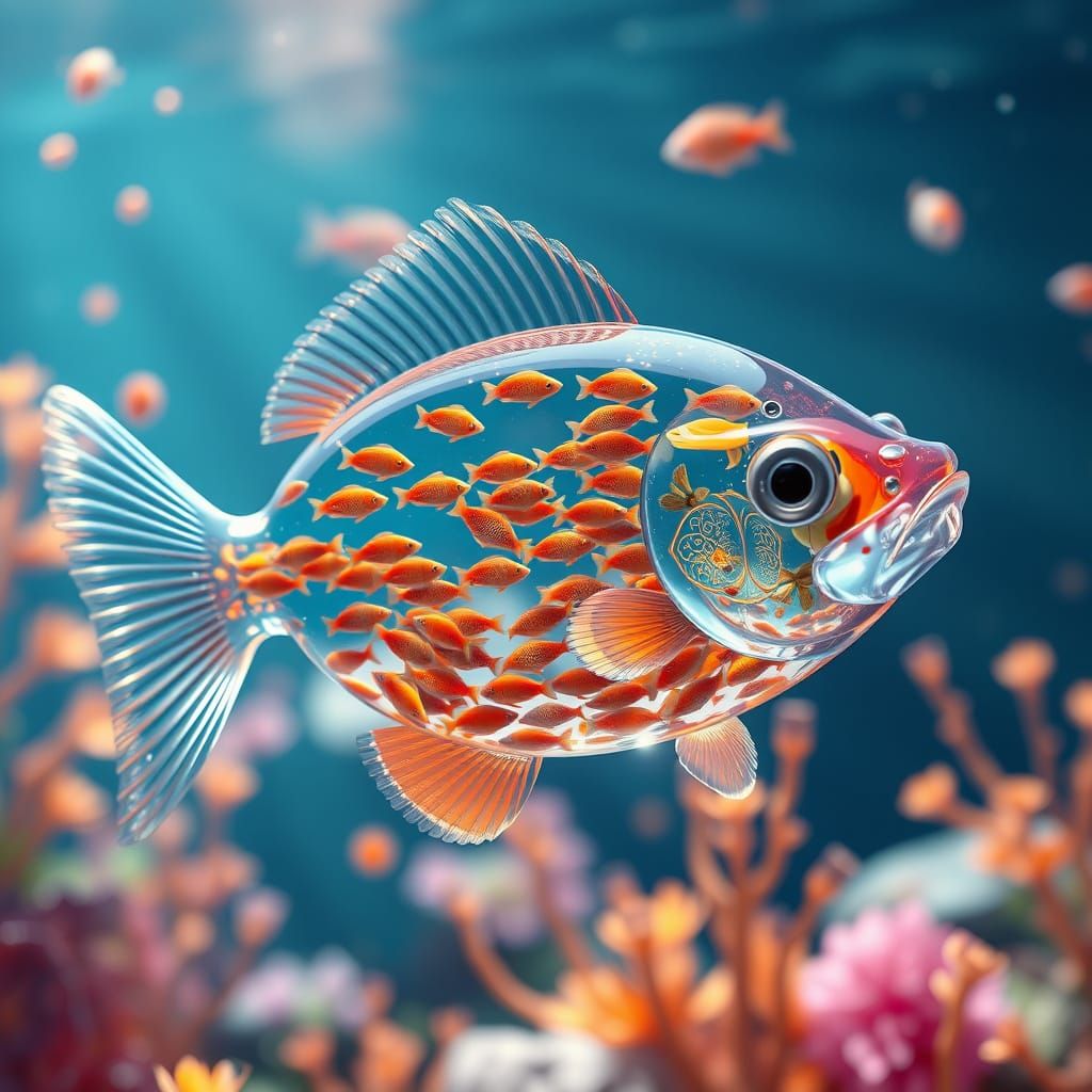 A fish swimming with a glass body like a fish bowl full of smaller fish   by @BrokenDrumMachine 
