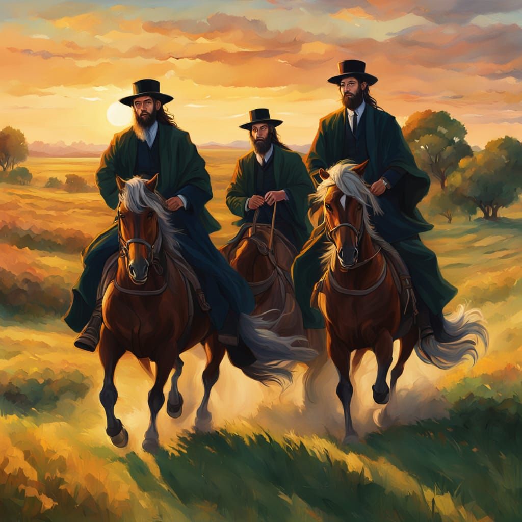 Hasidic Riders on Horses in Sunlit Field