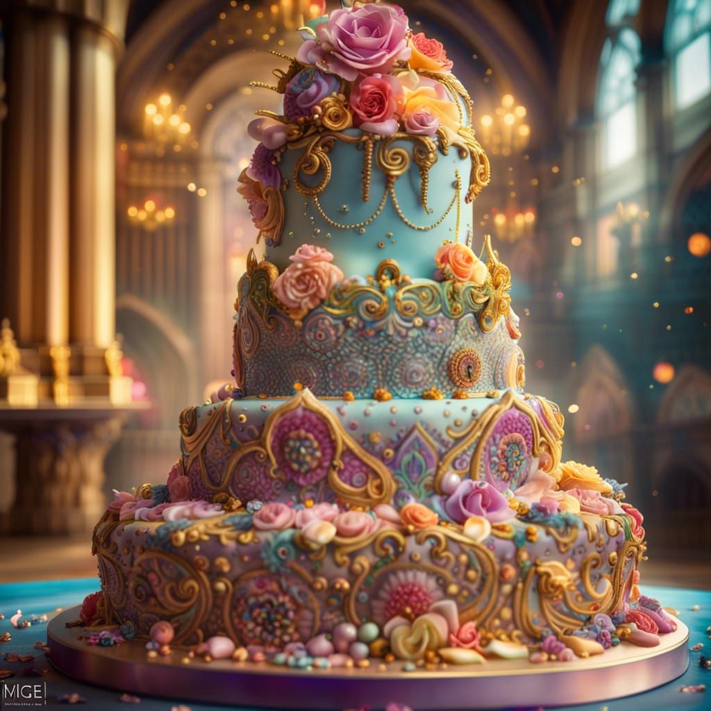 an intricately decorated grand epic 5-tier pastel multicoloured wedding cake intricate motifs frosting ...  by @Valmond Teng