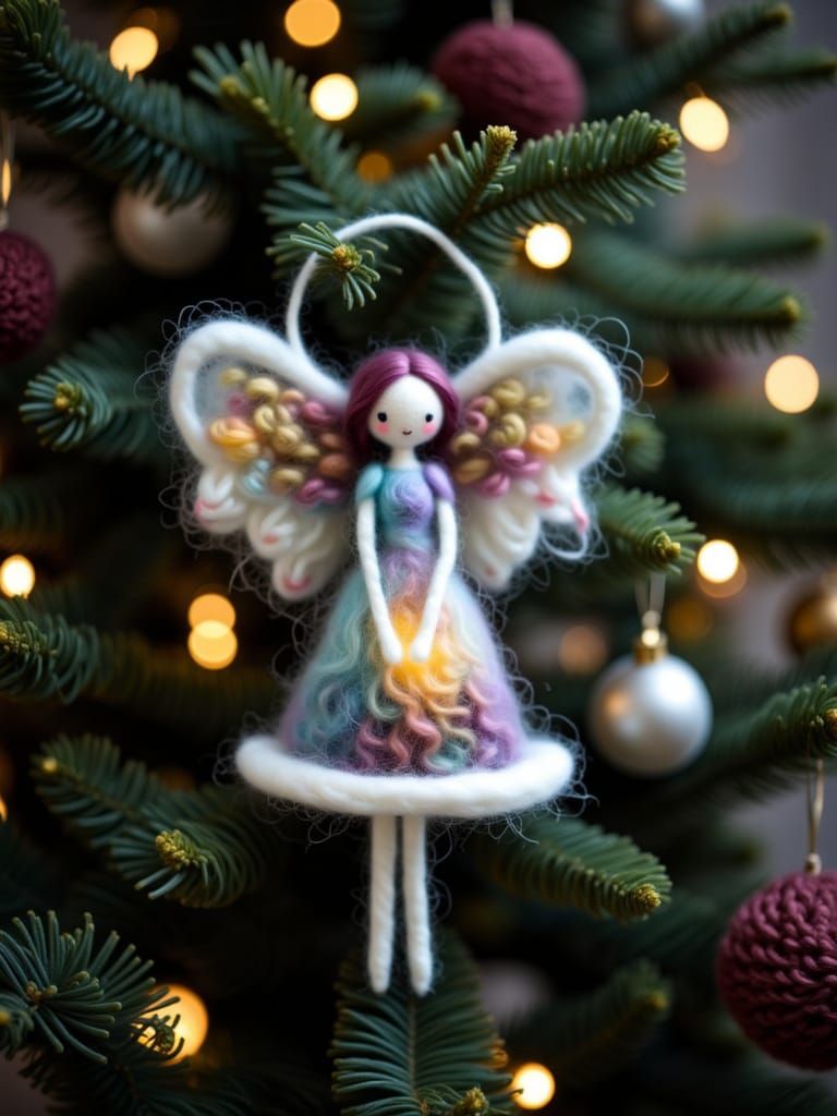 <lora:Felted Wool Flux:1.0>kawaii angel felted wool ornament on a christmas tree, fiber art, landscape, magic luminescence, ethereal, soft m...