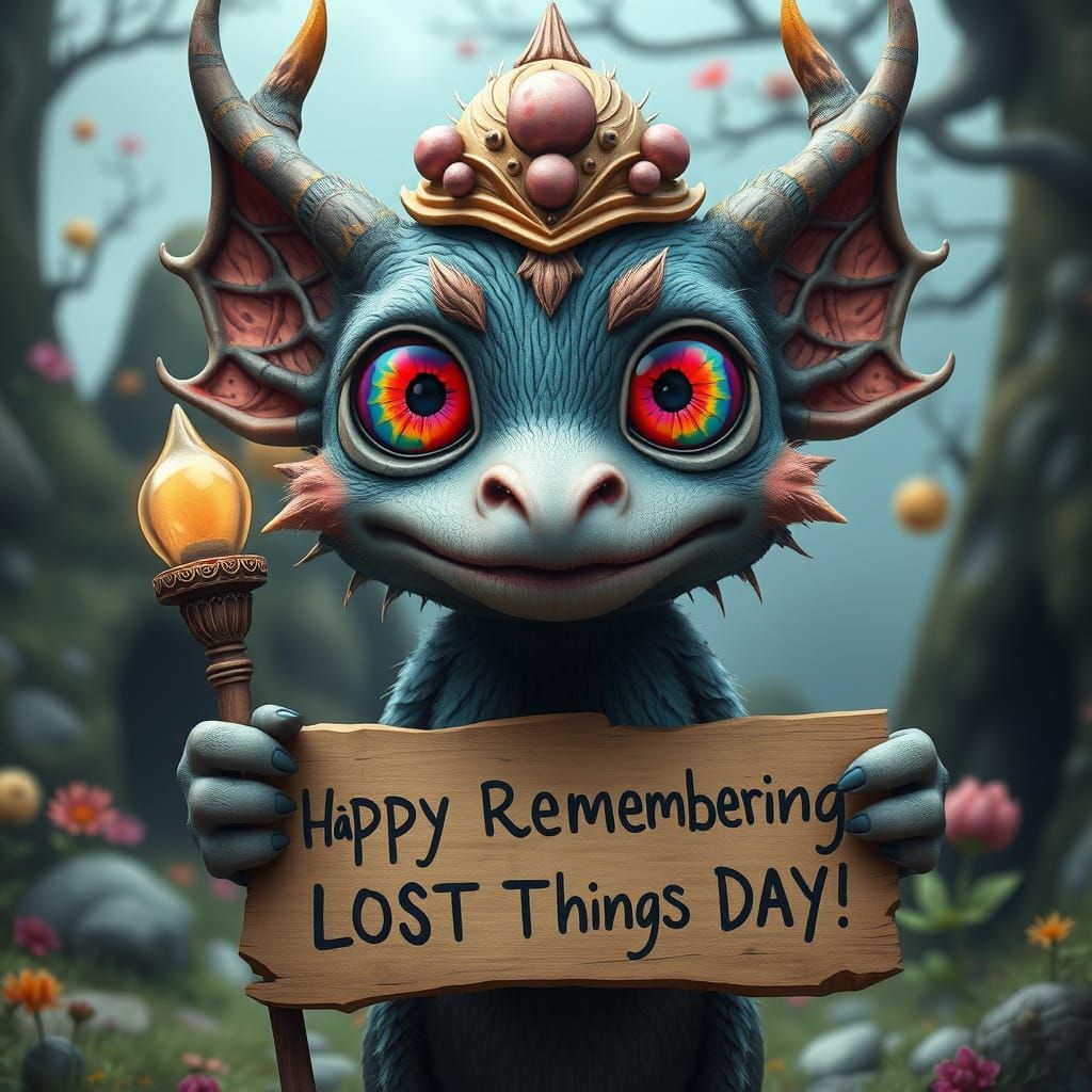 An adorable mythical creature with big multicolored eyes, holding a sign that says "Happy Remebering ...  by @HermioneSheHulkNinja