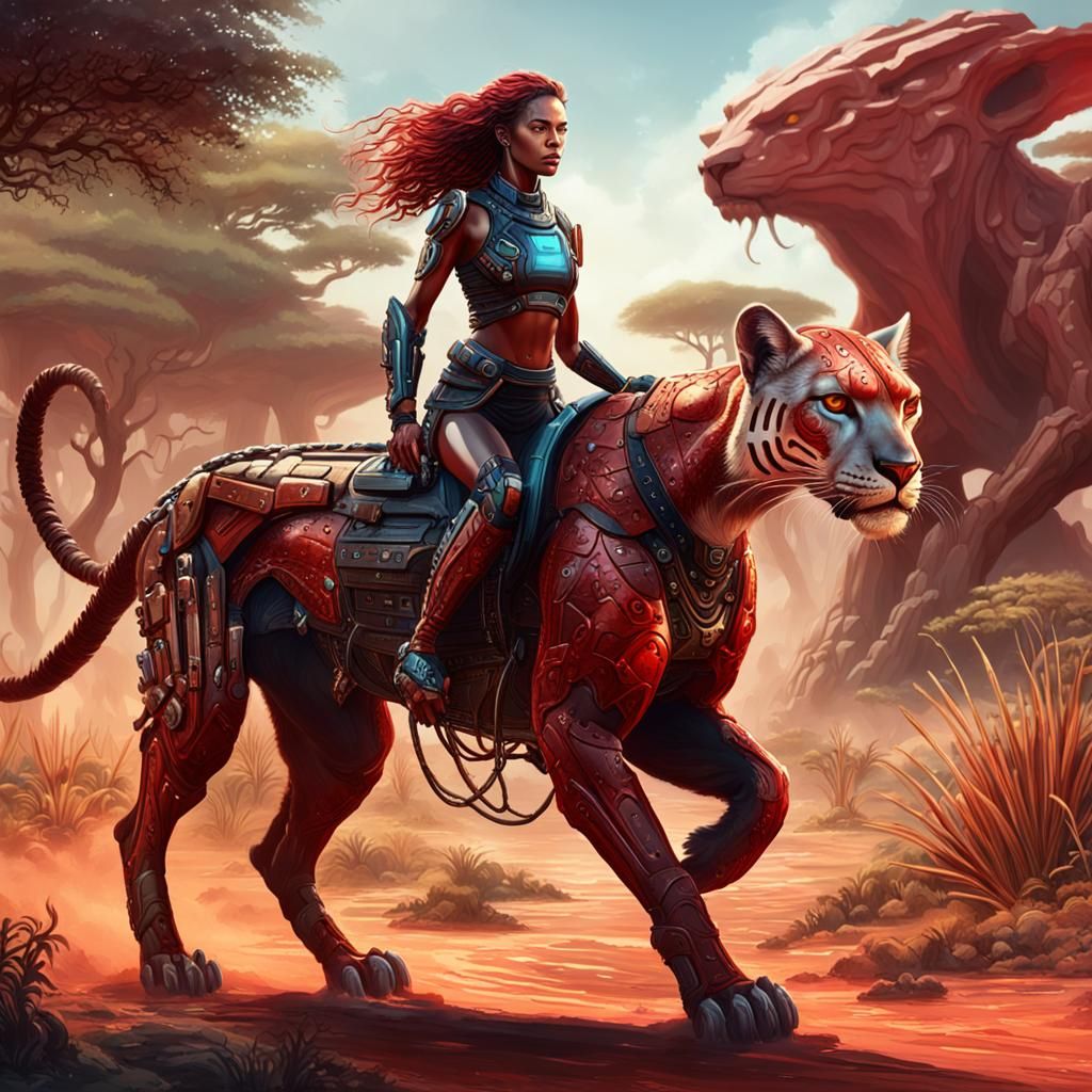 a very beautiful red woman riding a (((cyber))-puma) in a sa...