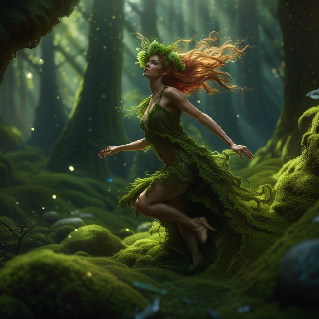 forest nymph dancing in the moss forest - AI Generated Artwork ...