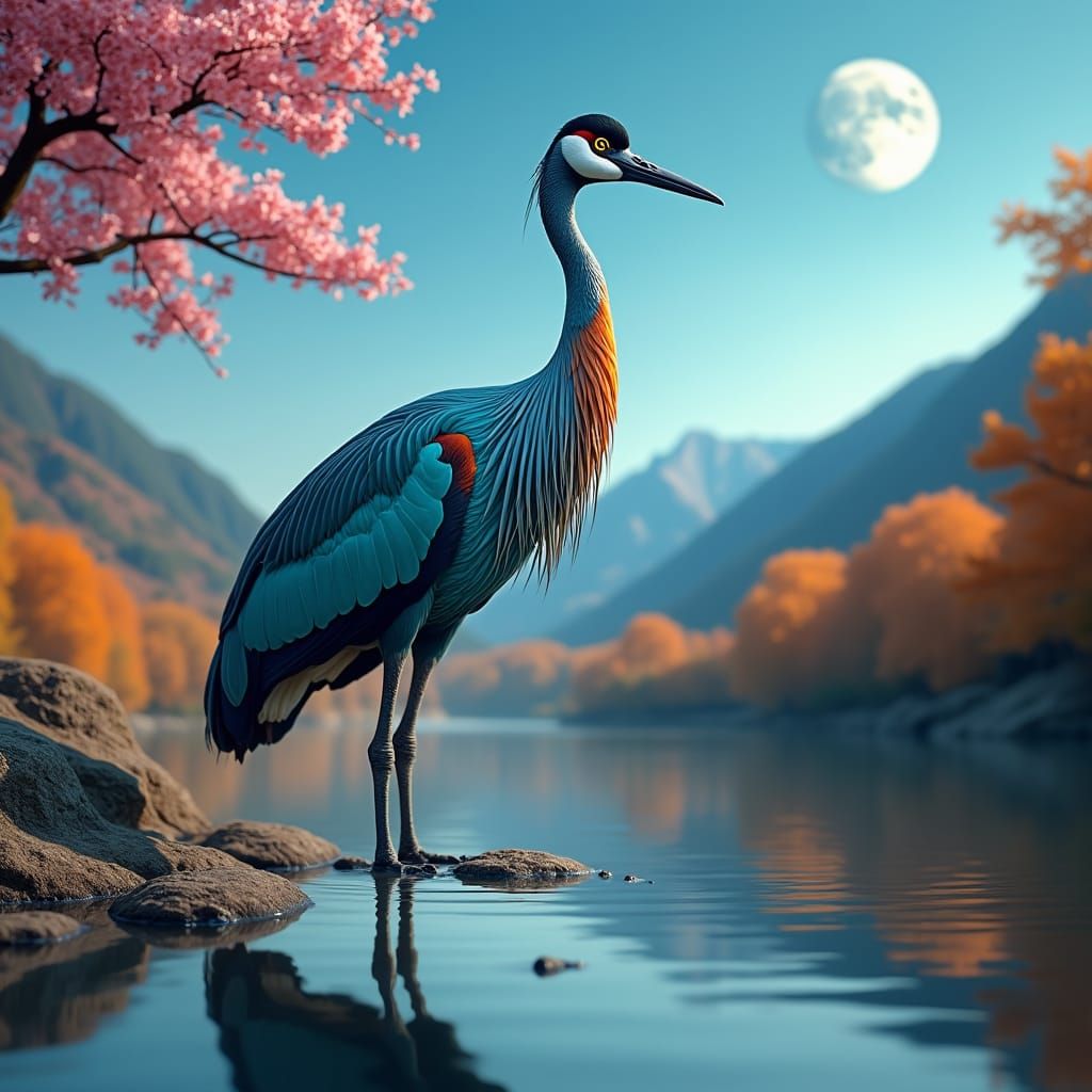 a vibrant blue crane stands on a reflective surface