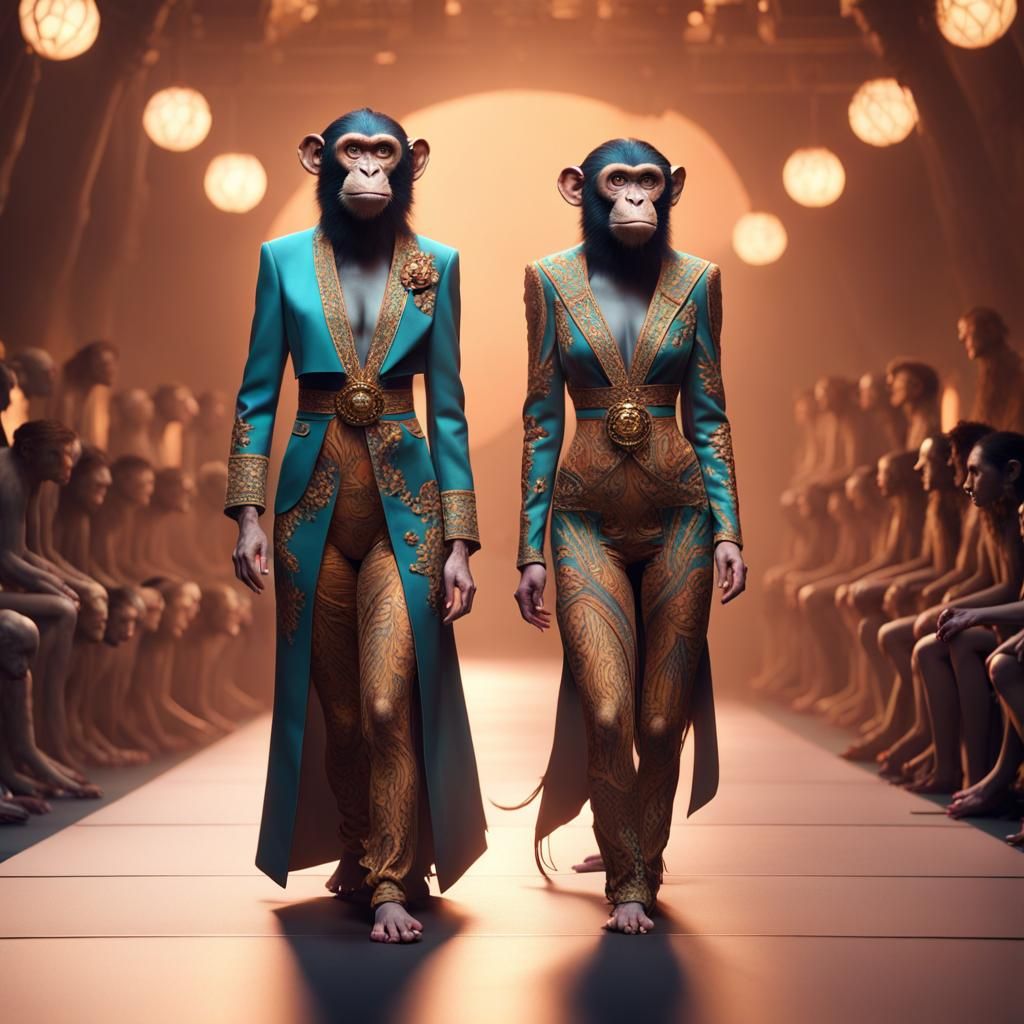 monkeys as Fashion show models on runway, 8k, ultrasharp