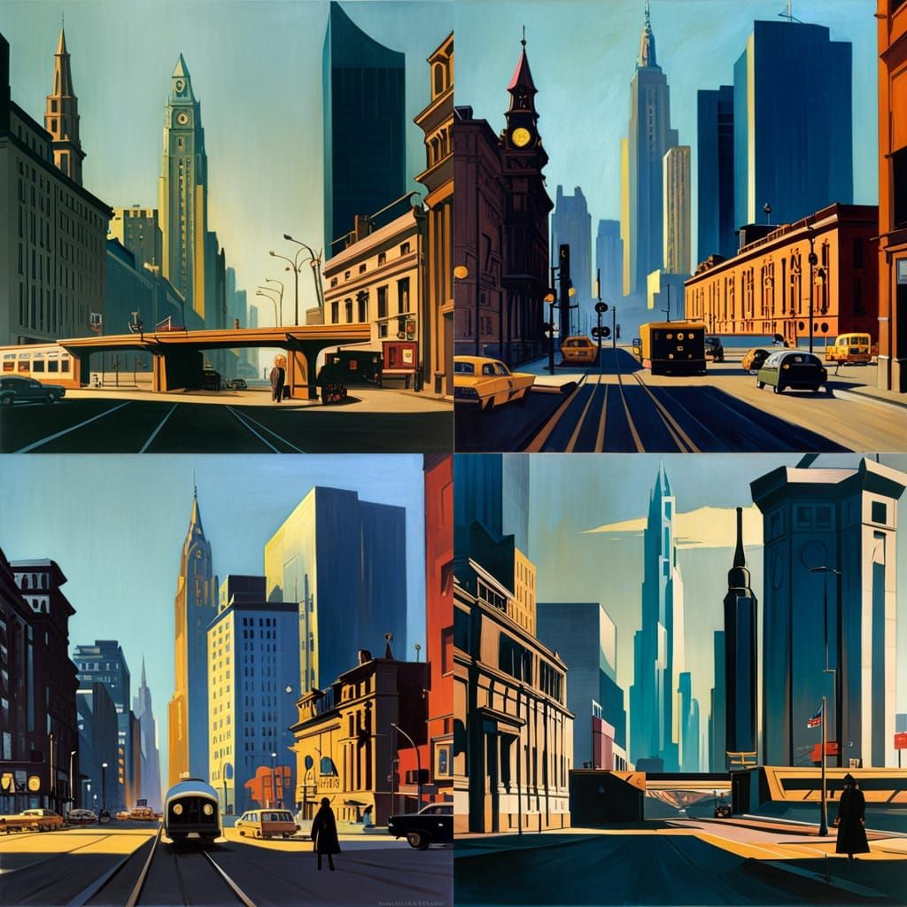"The American City" :: by Edward Hopper, Thomas Cole, Syd Mead :: incredible composition featuring modern american urban...