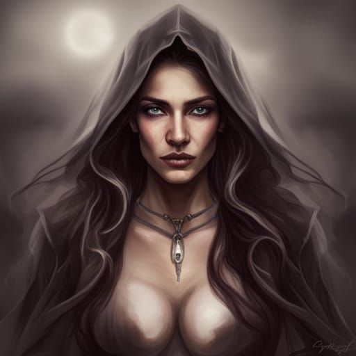 Fantasy realistic Grecian witch oracle flowing dark hair and...