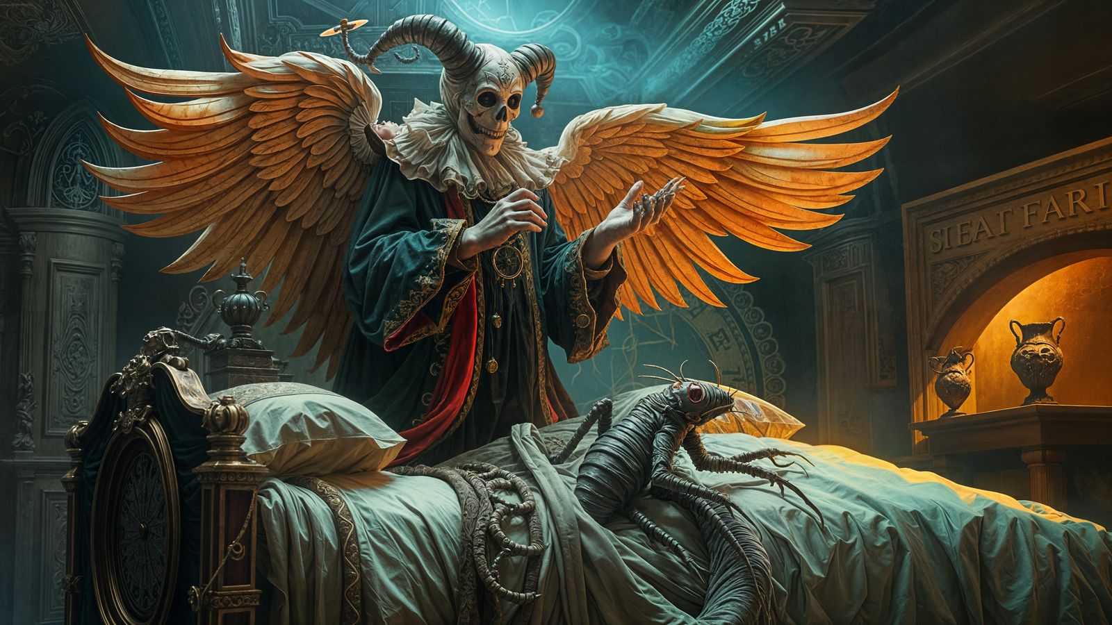a jester as theangel of death delivering a monologue over a deathbed, a vermin squirming its deathroes ...  by @Malena Mordekai