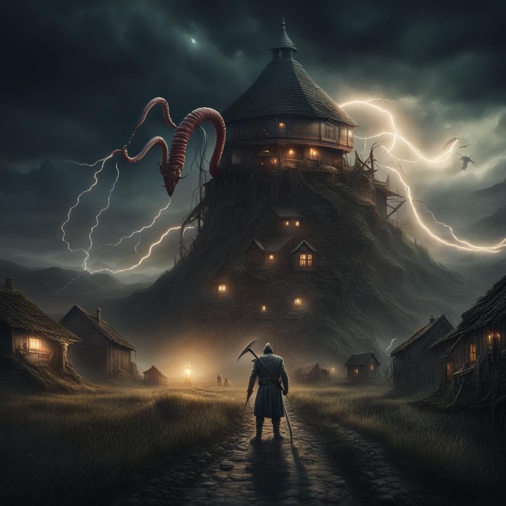 Giant metal faceless worm attacking a farming village at nig...