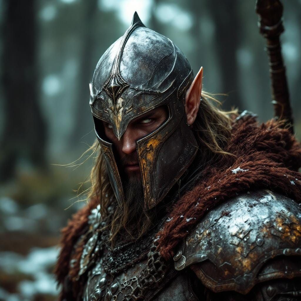 An Elven warrior with the Armour from first age typical helmet from Lotr
 in Grim dark future style