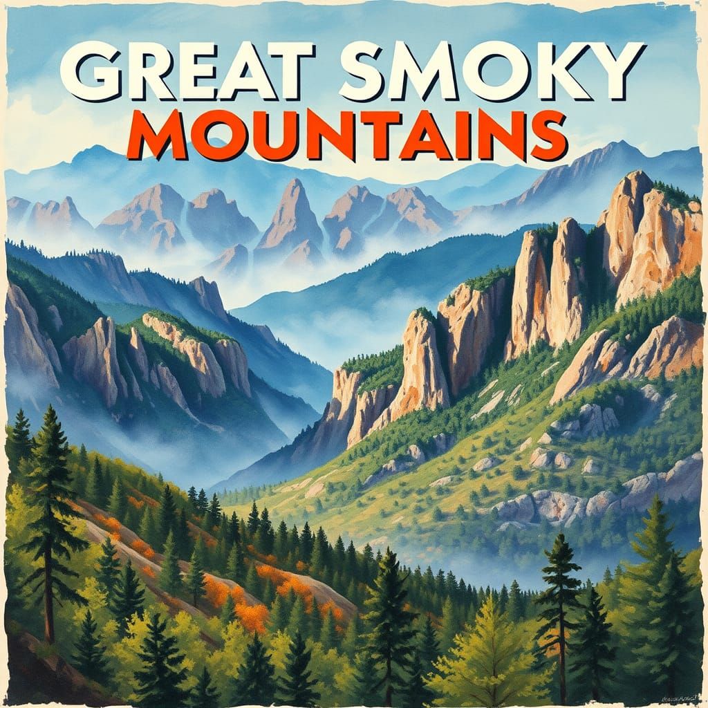 "Great Smoky Mountains" vintage travel poster. in Gouache St...
