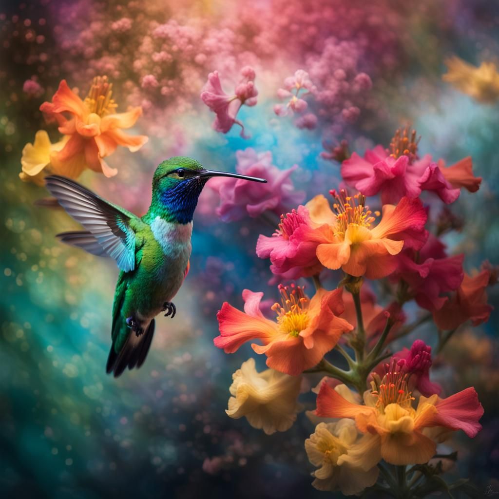 Hummingbird feeding on flowers made from abstract clouds of color in the style of Kim Keever  by @Tangled Serendipity