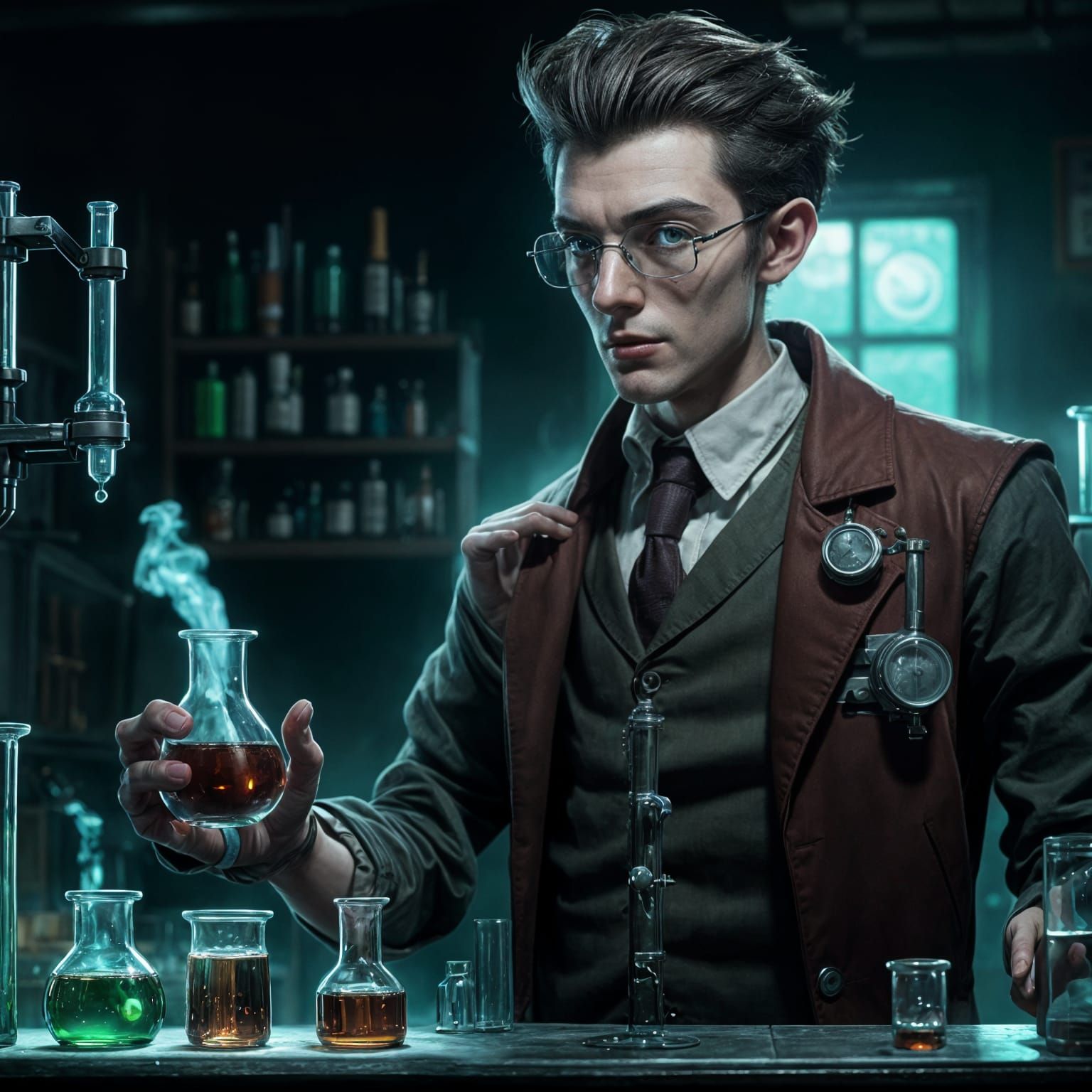Silco, a dark haired, green eyed, skinny chemist, in his laboratory; 