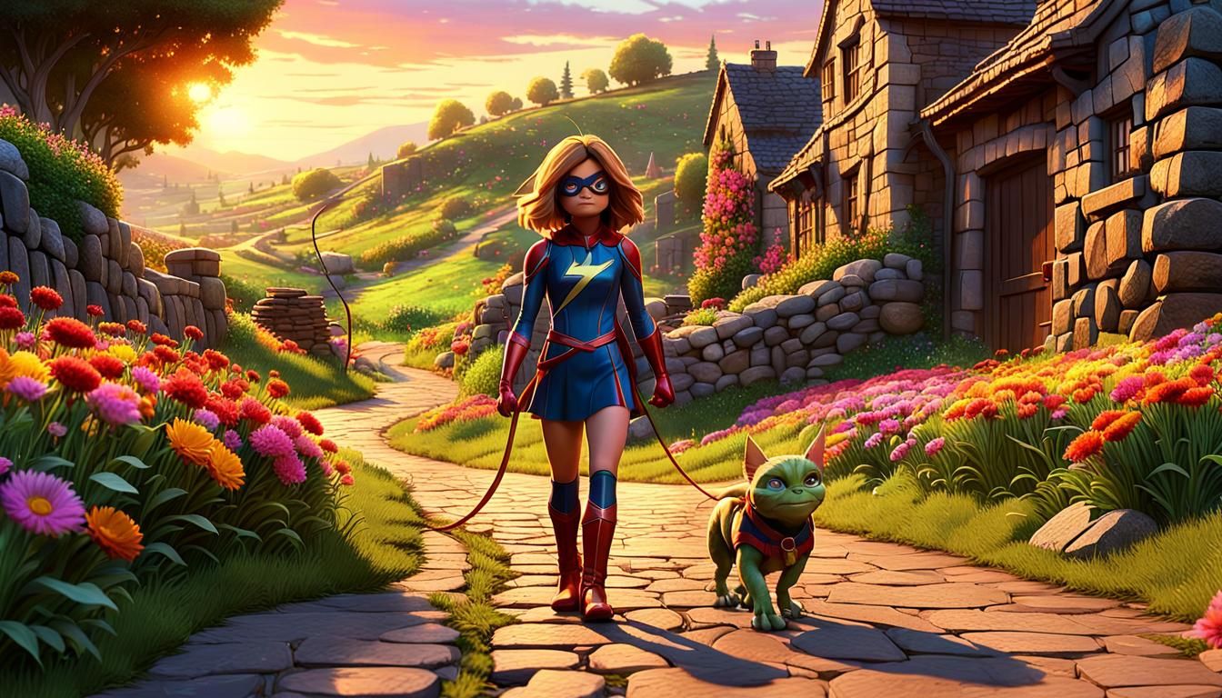 Ms. Marvel takes her Goblin for a walk down a country road lined with colourfull flowers, grass and a stone wall .Pixar, Disney, concept ar...