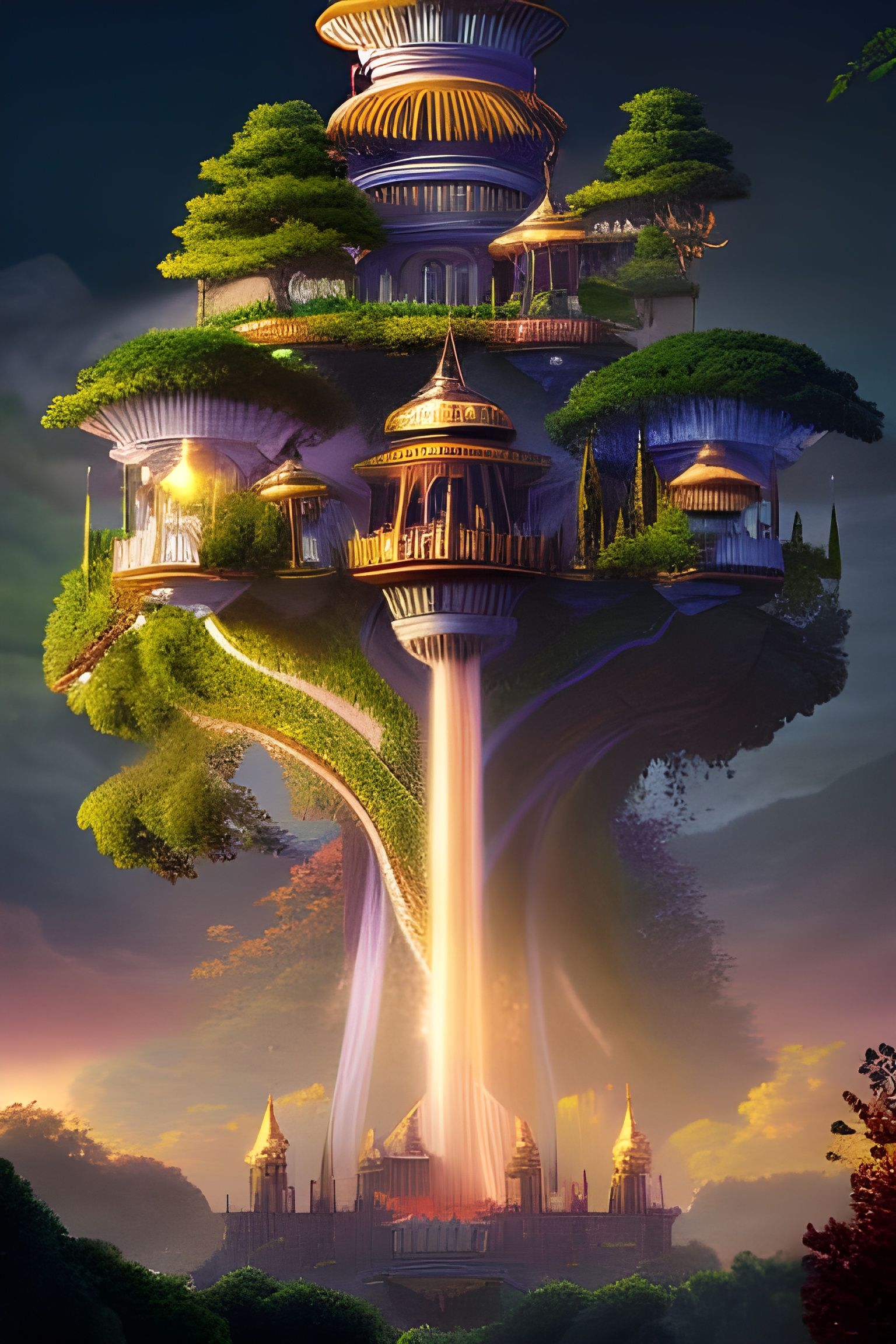 "Vibrant Foliage Fortress!! A Mystical Arboreal Acropolis!!", Majestic treehouse skyscraper, cinematic ...  by @DuckDuckGoBrowsing