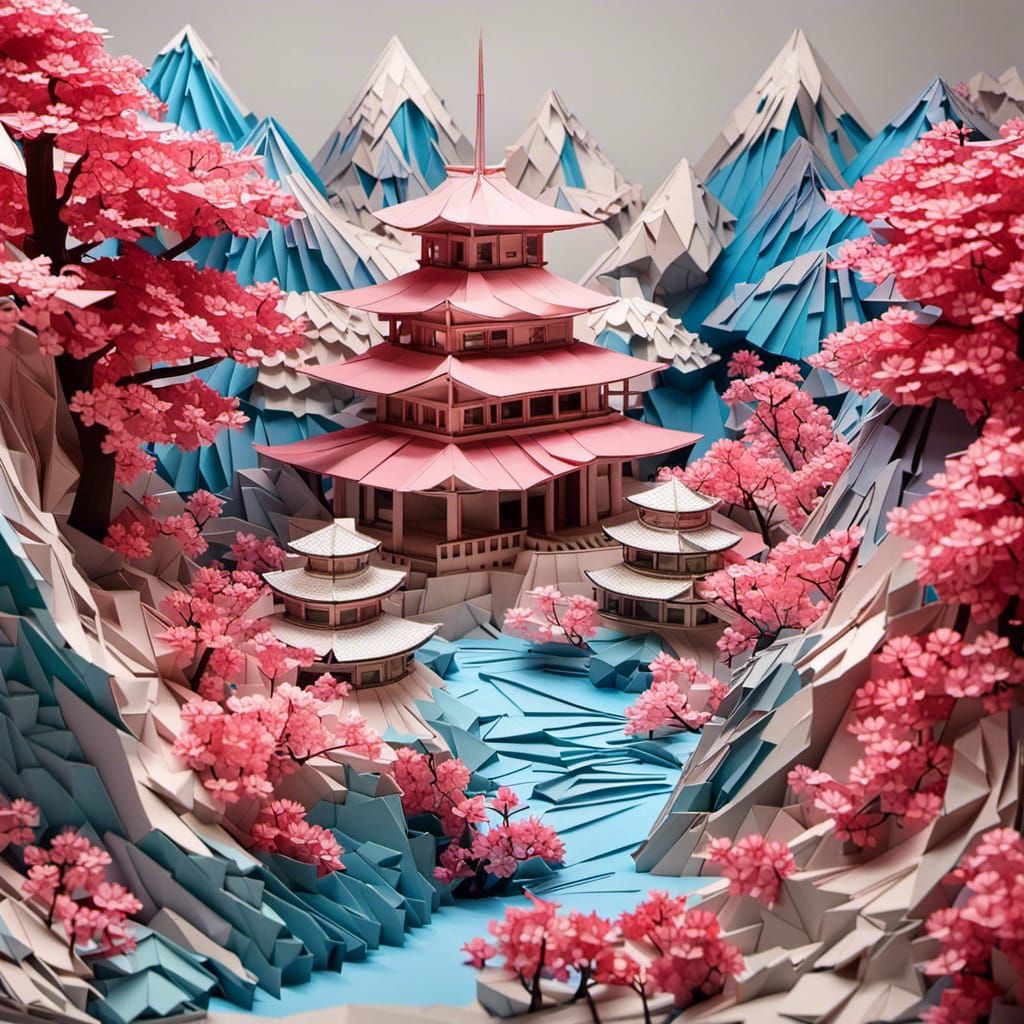 Origami Japanese Temple in the Mountains   by @MistyCrystal