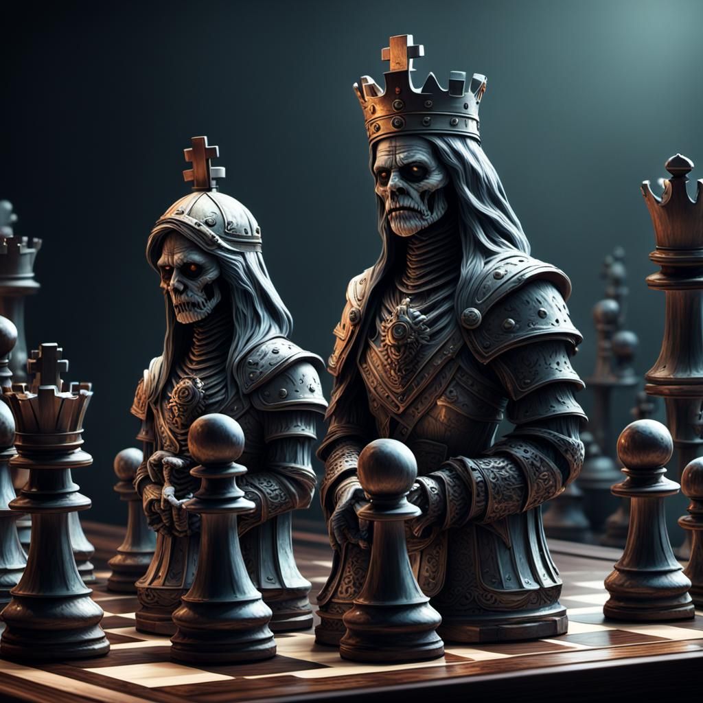 a group of chess pieces sitting on top of a table, digital art, zbrush central contest winner, digital ...  by @graffouillator