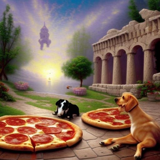 dogs eating pizza and playing with dog toys in a greek theat...