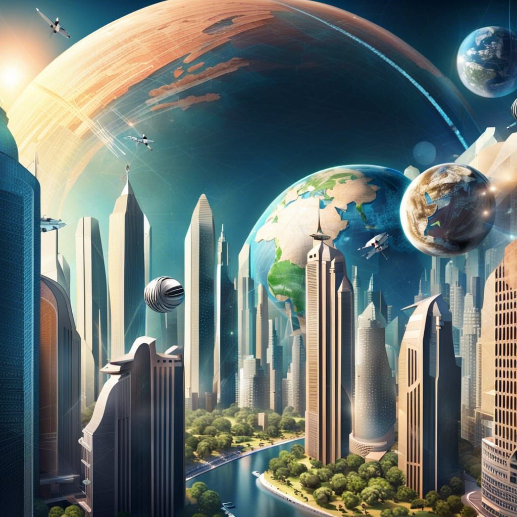 Utopian world in space,  big city with huge skyscrapers, street view, cars flying in the air, background ...  by @Michel Westerhoff 