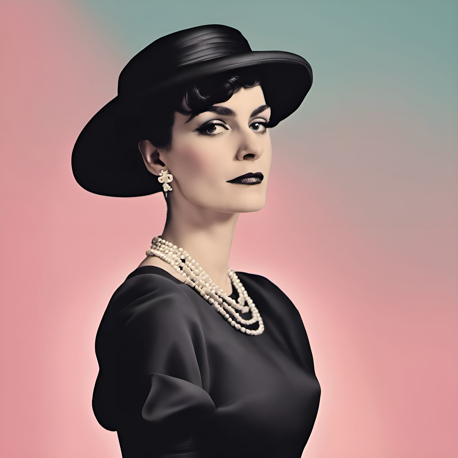 iconic portrait of young Coco Chanel wearing little black dress with an  ambient pastel gradient background - AI Generated Artwork - NightCafe  Creator