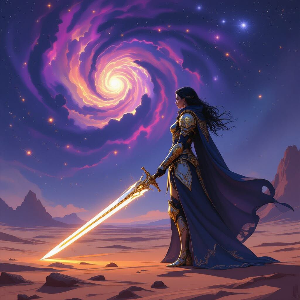 A lone warrior, clad in ornate, celestial armor, stands on a desolate, alien planet. The sky is a swirling nebula of deep violets and shimme...