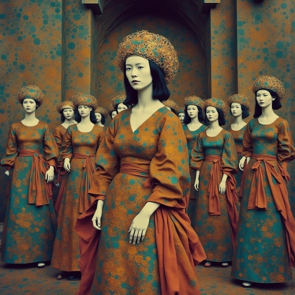 Procession of Women in Ancient Church, Surreal Style