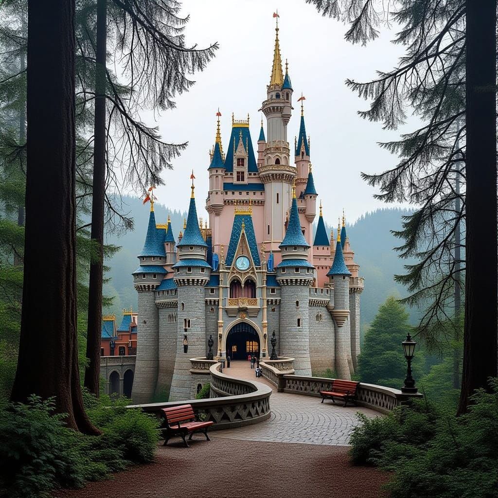 A fairytale castlein a forest park.