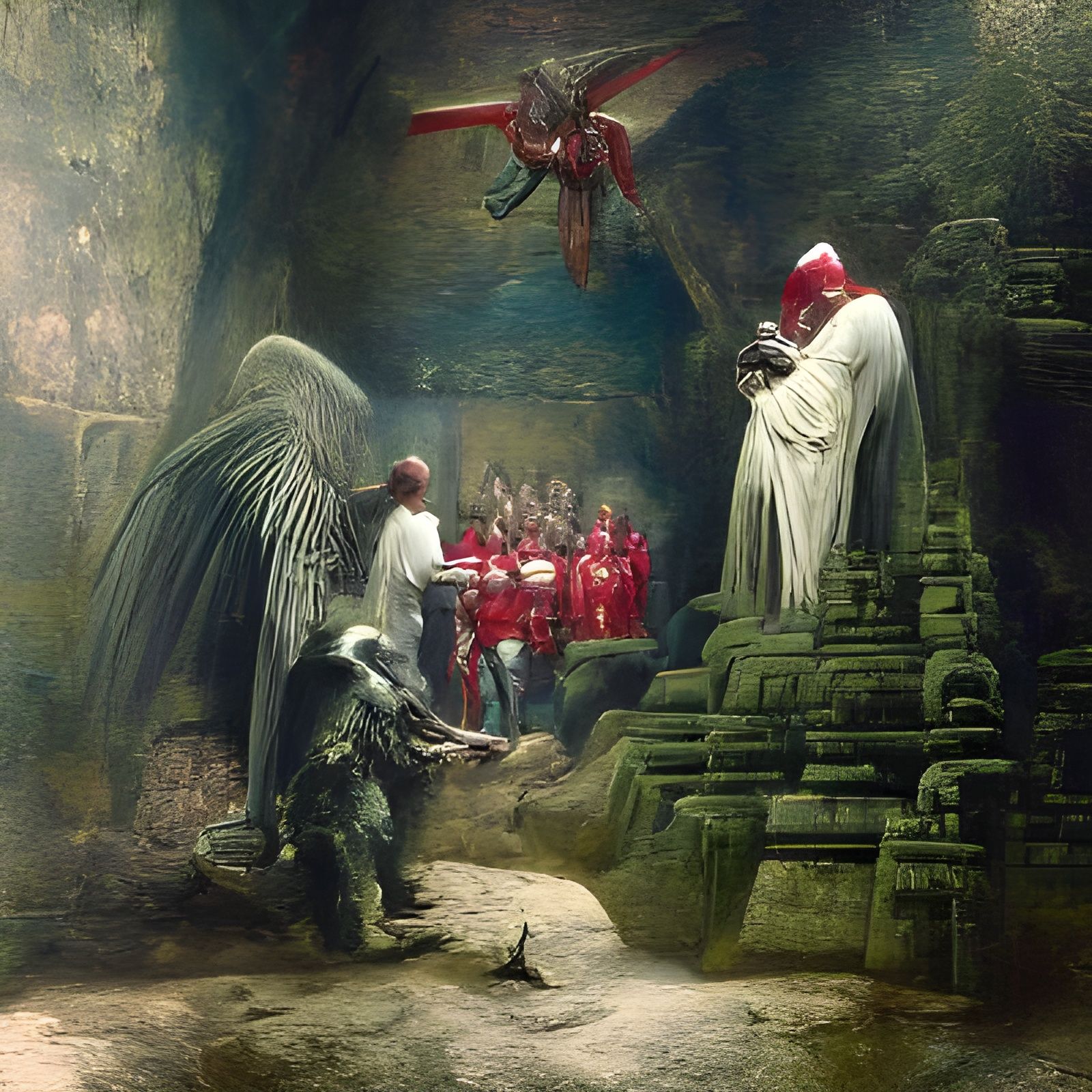 Templar knights presenting the holy grail to a demon